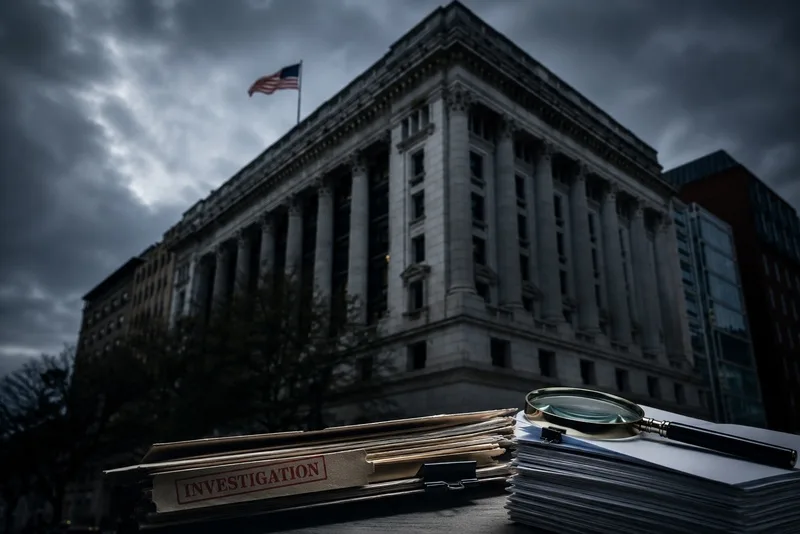 Federal government building with columns under a stormy sky, with an investigation folder, stacked documents, and a magnifying glass in the foreground.